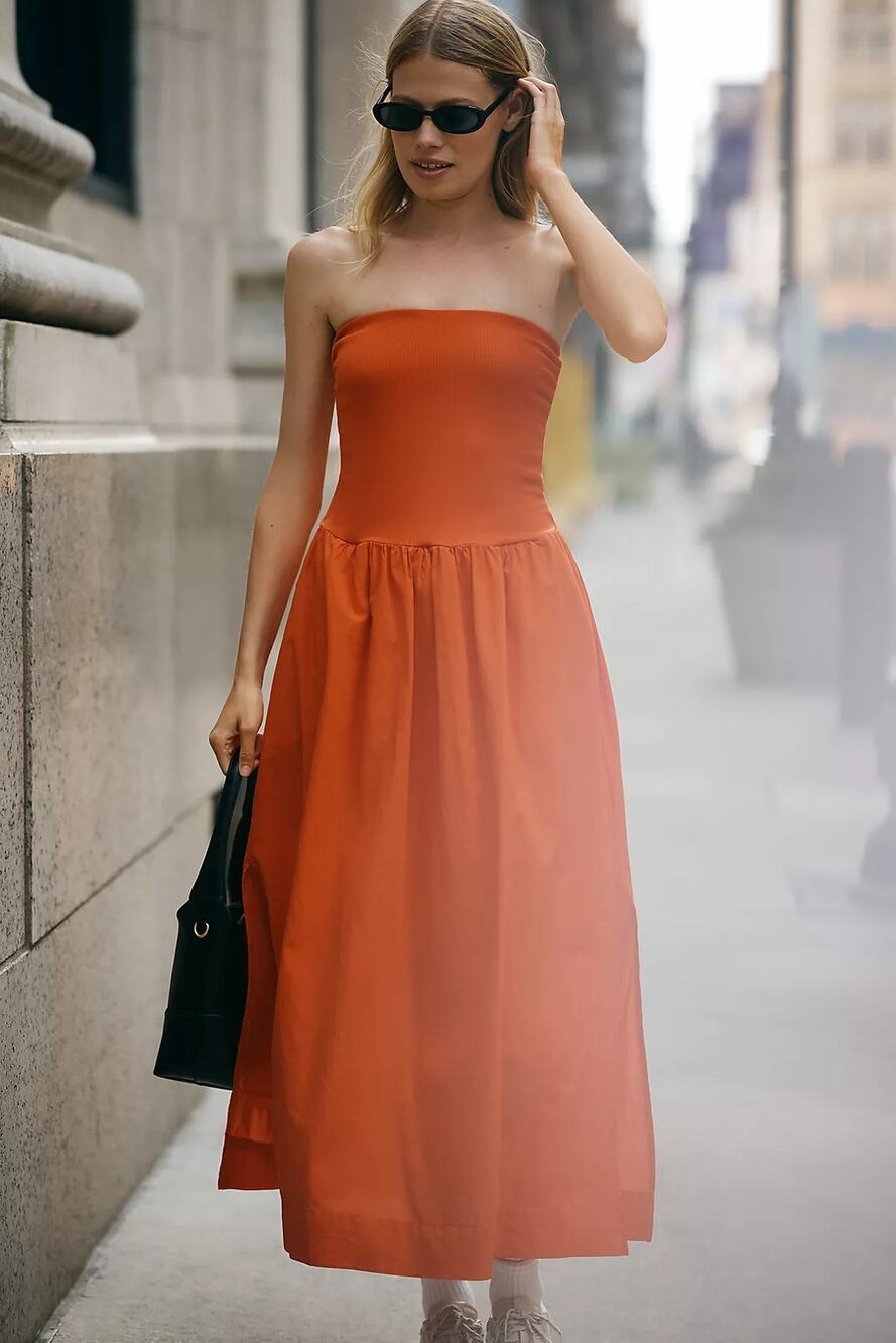 New Anthropologie Stateside Strapless Twofer Midi Dress $228 SMALL Fiesta Red
